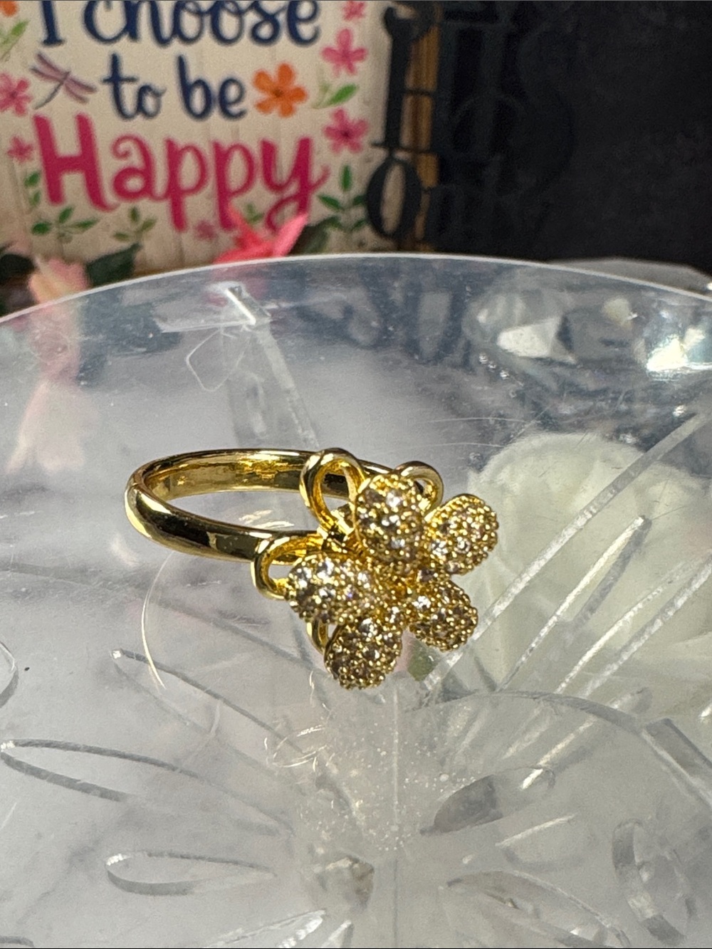 Gold Flower Cluster Ring with Pavé Crystals - Women Jewelry